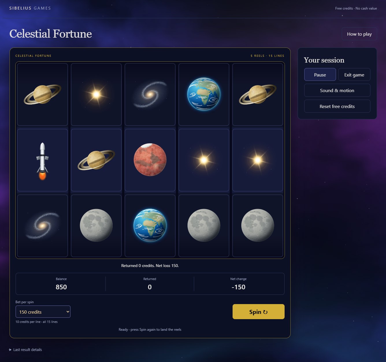 Celestial Fortune, a five-reel space-themed slot machine with planets, moons, stars, and a rocket on the reels.