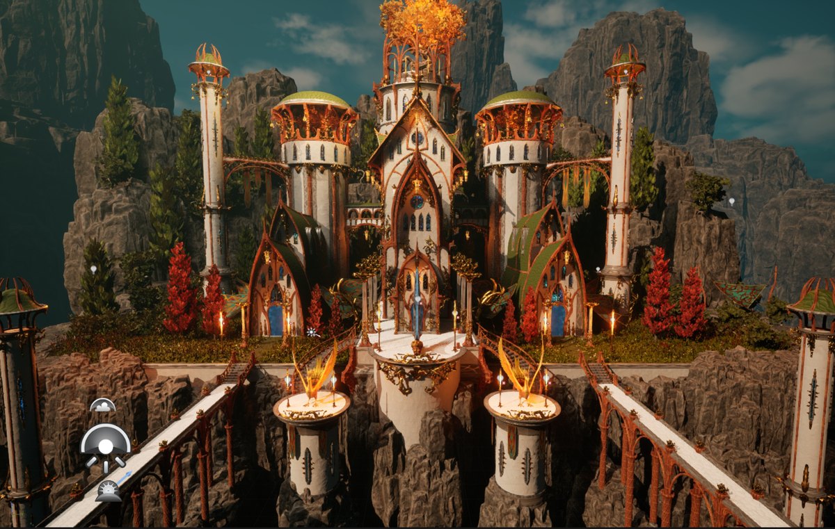 Sibelius Hotel architecture: ornate towers and bridges among rocky cliffs, shown in the Unreal editor.