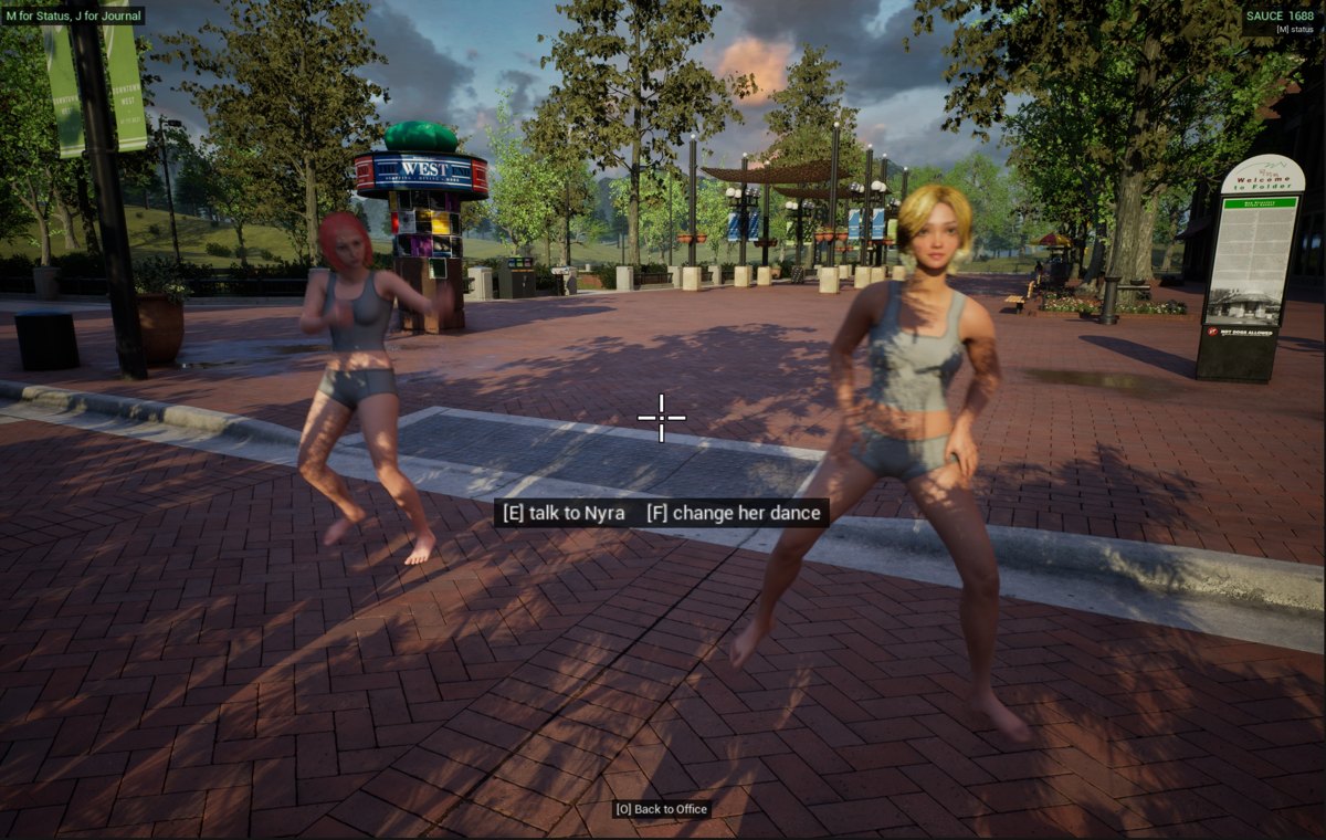 Nyra and another character dance on a brick plaza in Transhuman City.