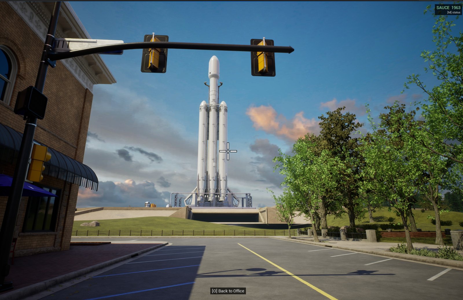 A rocket and launch platform rise above the streets of Transhuman City.