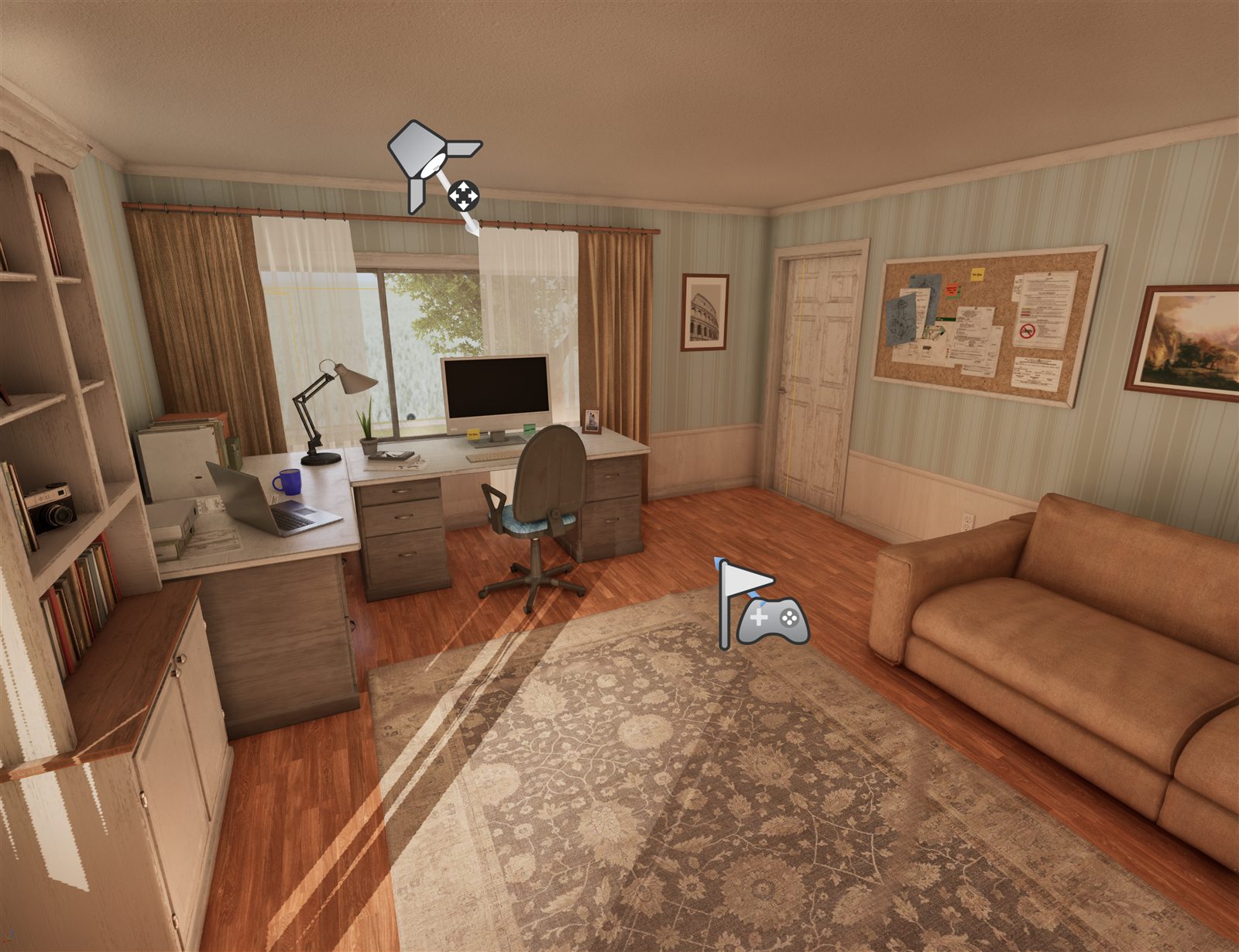 Chapter 1 of the Sibelius Game — a realistic engineer's home office rendered in Unreal Engine 5.7, with desk, monitor, corkboard, and warm daylight from the window.